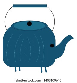 Pote de chá azul na cor com um focinho e quatro pernas, vetor, desenho de cor ou ilustração. 
