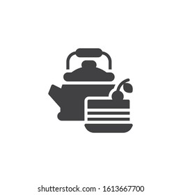 Tea pot and cake vector icon. Bakery filled flat sign for mobile concept and web design. piece of cake and tea kettle glyph icon. Symbol, logo illustration. Vector graphics
