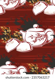 tea pot ceremony red black japanese chinese traditional vector illustration card background seamless pattern colorful watercolor ink textured