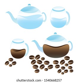Tea pot, coffee pot and coffee beans. Water and glass.