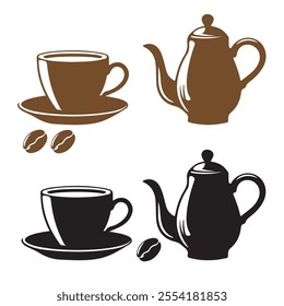 Tea pot coffee cup vector illustration,  hand drawn illustration with black and colors versions