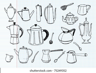 tea pot and coffee pot doodles. vector