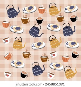 Tea pot, coffee, milk, tea cup and sliced bread pattern. Breakfast pattern, pastry pattern for wallpaper, surface design and fabric pattern