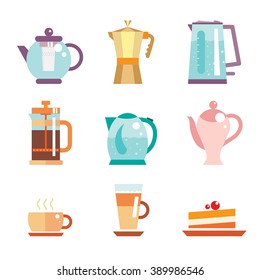 Tea pot  and coffee vector set illustration and icon. Tea cup and latte, cake. Flat elements of drink design. Electric kettle isolated on white background. 