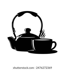 A Tea pot with cup black silhouette icon design isolated white background