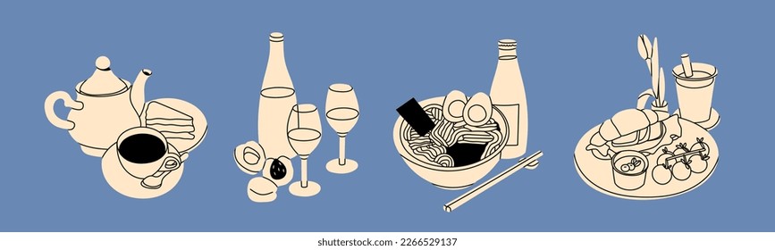Tea pot, cup and cake, wine and peaches, ramen bowl, tasty croissant sandwich. Hand drawn modern Vector illustration. Isolated design elements. Restaurant, food and drink, breakfast or lunch concept