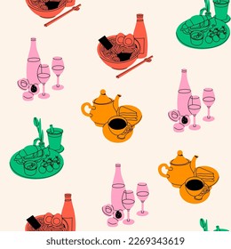 Tea pot, cup and cake, wine and peaches, ramen bowl, tasty croissant sandwich. Hand drawn modern Vector illustration. Food and drink, breakfast or lunch concept. Square seamless Pattern, background