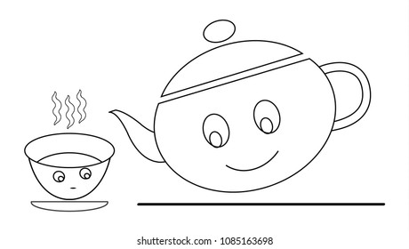 tea pot and Cup of tea cartoon outline for coloring book vector illustration. Black and white lines.the beauty and the beast.