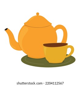 Té Pot and Cup. Estilo de caricatura. Ilustración aislada del vector 
