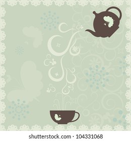 tea pot and tea cup with floral background. design element -vector illustration