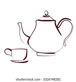 Tea pot and tea cup - hand drawn logo for restaurant. Sketch vector illustration. Isolated on white. 