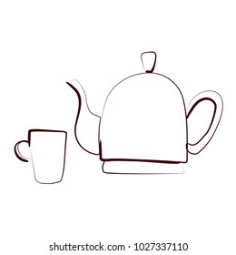 Tea pot and tea cup - hand drawn logo for restaurant. Sketch vector illustration. Isolated on white. 