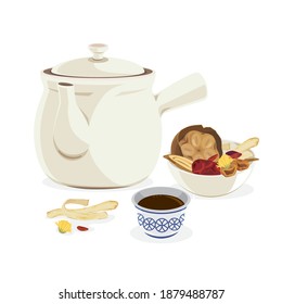 Tea pot and a cup of herbal tea or chinese medical and dired herbs.