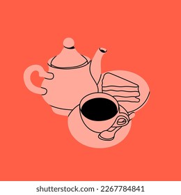 Tea pot, cup of a hot tea or coffee with a peace of cake. Sweet bakery and hot beverage. Tasty pie. Hand drawn modern Vector illustration. Isolated design element. Bakery, food and drink concept