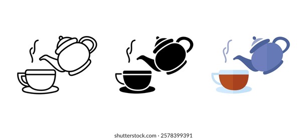 Tea pot with cup icon. Tea is pouring from the kettle illustration. Morning hot drink sign. Brewing beverage symbol.