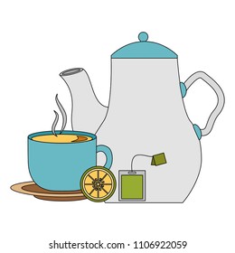 tea pot and cup lemon and teabag