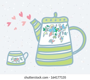 Tea pot, cup and love symbols background illustration