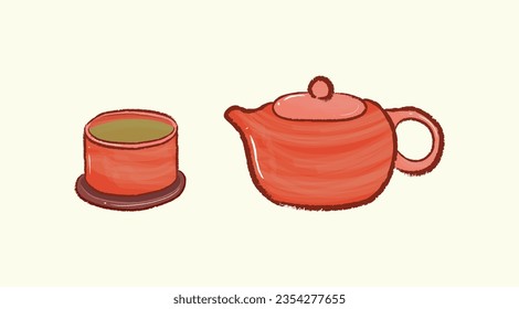 Tea pot and cup made of ceramic in kitchenware illustration