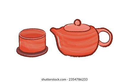 Tea pot and cup made of ceramic in kitchenware illustration