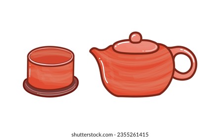 Tea pot and cup made of ceramic in kitchenware illustration