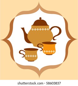 tea pot with tea and cup  on colorful background, vector illustration