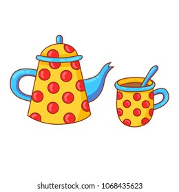 Tea pot and tea cup with polka dot ornament vector colorful cute set