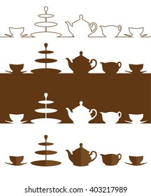 Tea pot and cup simple flat icon set. Vector illustration set. A silhouette of a teapot, milk jug, cups, saucers and 3 tier cake stand. Isolated illustration