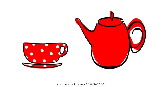 Tea pot and cup simple line icon vector illustration on white background