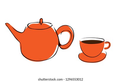 Tea pot and cup simple line icon vector illustration on white background