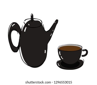 Tea pot and cup simple line icon vector illustration on white background