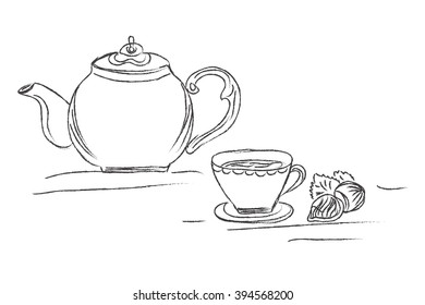 tea pot and cup, sketch, vector
