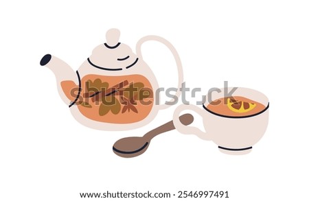 Tea pot and cup with warm herbal drink, infused with lemon, herbs and spices. Hot natural beverage in teapot and teacup, cinnamon and anise. Flat vector illustration isolated on white background