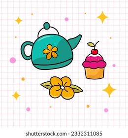 Tea Pot with Cupcake Vector