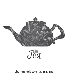 Tea pot decorated with hand drawn and herbs on white background. Great for tea label design, traditional medicine, or gardening. 