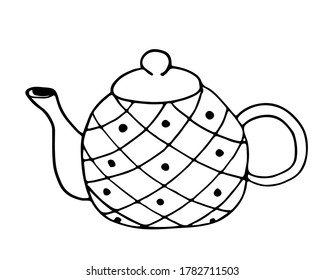 Tea pot with geometric ornament. Hand drawn outline element. Vector isolated on white background.