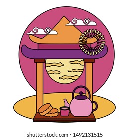 Tea pot glass and cake design, Mid autumn festival china oriental celebration and traditional theme Vector illustration