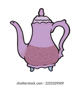 Tea pot hand draw colored outline illustration. Kettle for preparing hot drinks like tea and coffee pen drawing silhouette logo. Cartoonish restaurant dishes symbol in retro fashion. Kitchen item sign
