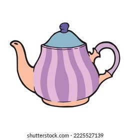 Tea pot hand draw colored outline illustration. Kettle for preparing great hot drinks like tea and coffee pen drawing silhouette logo. Cartoonish restaurant dishes in retro fashion. Kitchen equipment.