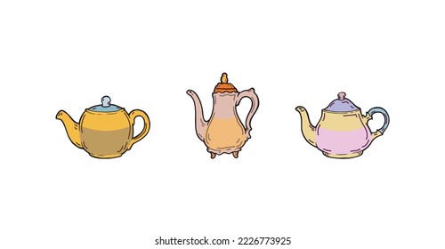 Tea pot hand draw colored outline illustration. Kettle for preparing hot drinks like tea and coffee pen drawing silhouette logo. Cartoonish restaurant kettle set symbol in retro fashion. Kitchen item.