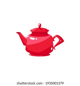 Tea pot with herbal green or black tea isolated red kettle with cap. Vector kitchen cutlery, chinese drink, teatime symbol. Modern teapot household appliance to boil water, brew tea or coffee