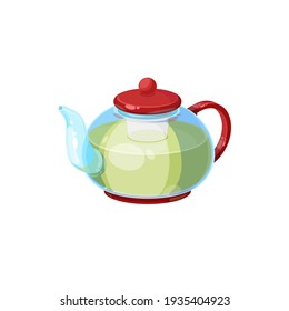 Tea pot with herbal green tea isolated transparent kettle with green cap. Vector modern teapot household appliance to boil water, brew tea or coffee. Kitchen equipment, chinese drink, teatime