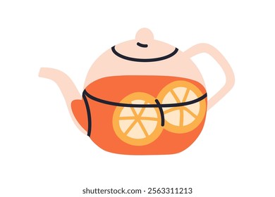 Tea pot. Hot drink with lemon slices in glass teapot. Healthy fruity vitamin warming beverage with orange pieces, citrus flavor. Flat graphic vector illustration isolated on white background