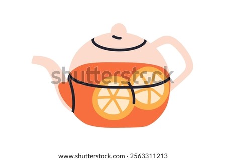Tea pot. Hot drink with lemon slices in glass teapot. Healthy fruity vitamin warming beverage with orange pieces, citrus flavor. Flat graphic vector illustration isolated on white background