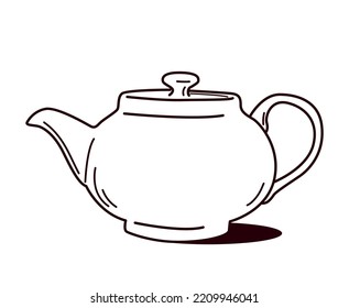 Icono de olla de té. Platos de cerámica blanca y utensilios de cocina. Bebidas calientes y té o café. Confort y comodidad en el apartamento. Afiche o cartel para el sitio web. Dibujo vectorial plano de dibujos animados