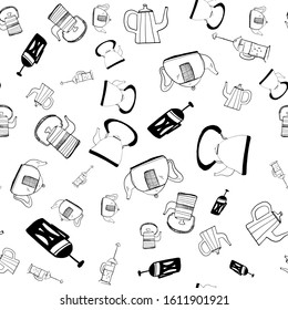 Tea pot illustration for your design. Seamless pattern. Black and white