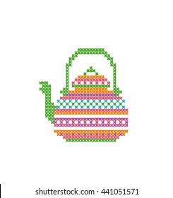 Tea pot isolated on white background. Element embroidery. Cross stitch. Vector.