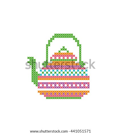Tea pot isolated on white background. Element embroidery. Cross stitch. Vector.