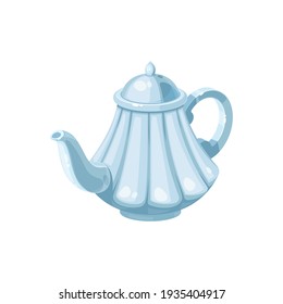 Tea pot isolated porcelain kettle with hot drink. Vector teapot with white cap, kitchenware utensils, traditional tea or coffee container, chinese dishware with handle, jug with hot brewing water