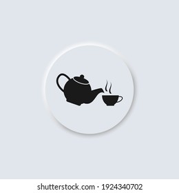 Tea Pot, Kettle With Cup Vector Icon In Button In Neumorphism Design