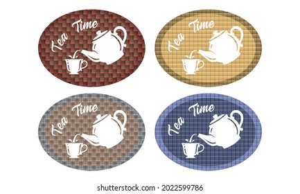 Tea Pot, Kettle With Cup Vector Illustration. Tea Time Logo Template With Textile Pattern. Tea Cup Icon Button
